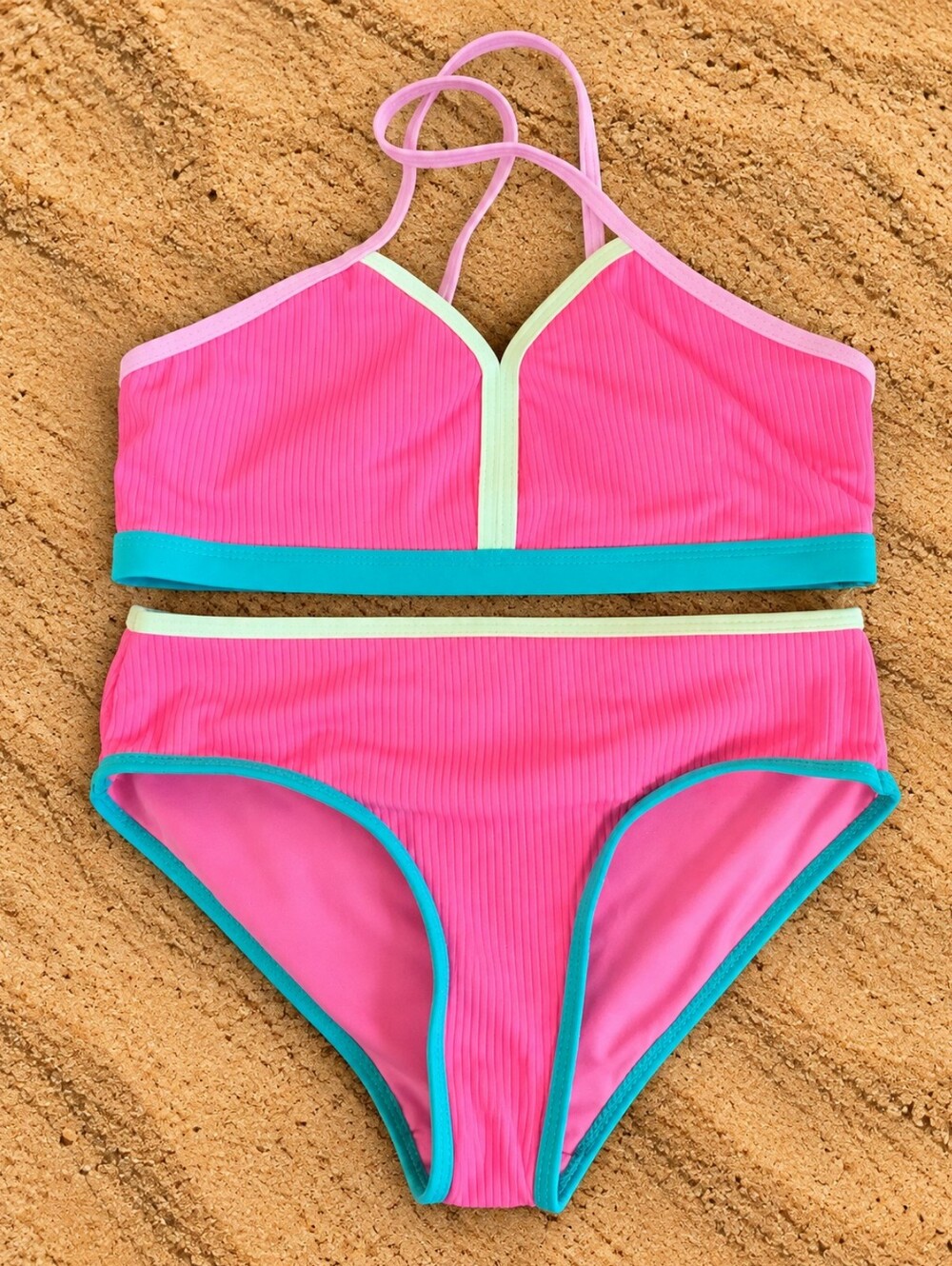 Justice Girls Size 12/14 Pink Ribbed Color Block Bikini Swimsuit NWT